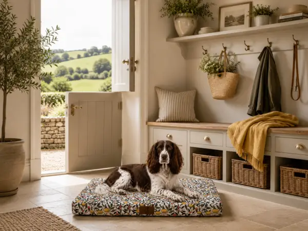 Springer spaniel on The Skinny Mutt William Morris dog bed in a boot room